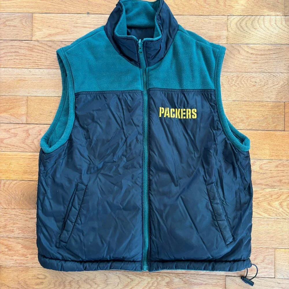 VTG Unique Sports Generation Green Bay Packers Mens L Reversible Vest Y2K Fleece